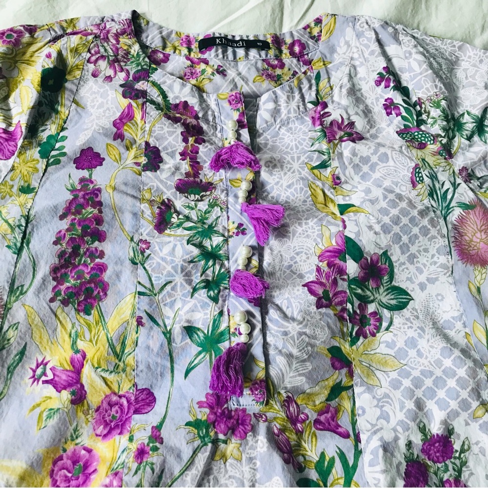 Khaadi Pret Printed Pakistani Cotton Kurta Embroidery Light Gray/Purple Size 10